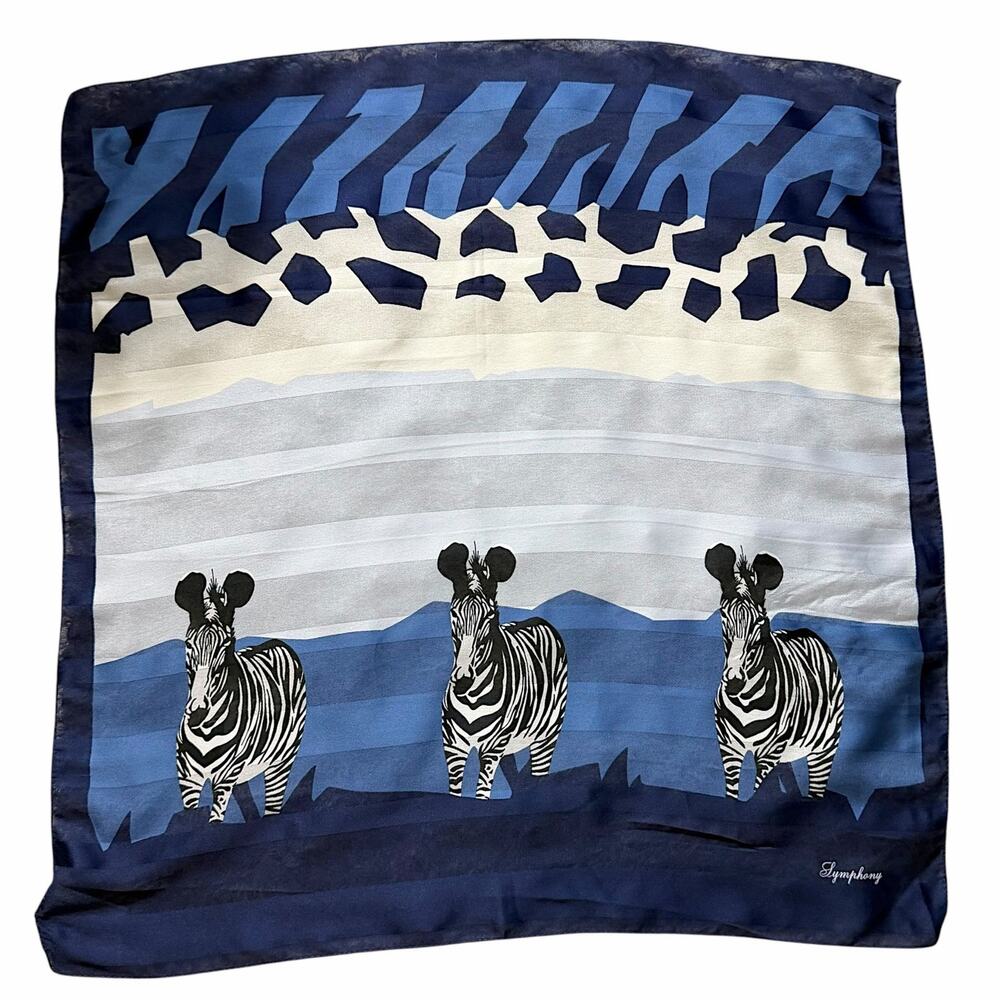 VTG Symphony Zebra Safari Animals Silk Square Scarf Navy Blue Novelty 22.5"